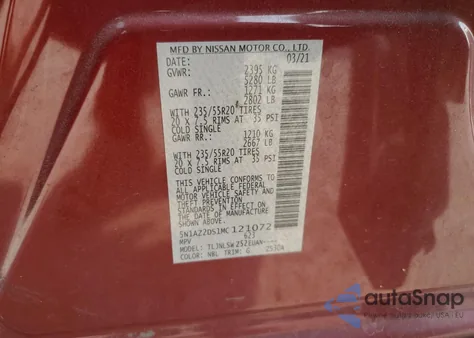 2021 Nissan Diesel Uk из США, поврежденный, VIN 5N1AZ2DS1MC121072